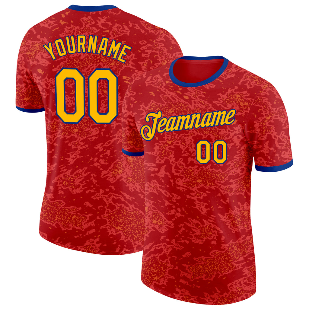 Custom Red Gold-Royal Spain Splash Performance T-Shirt