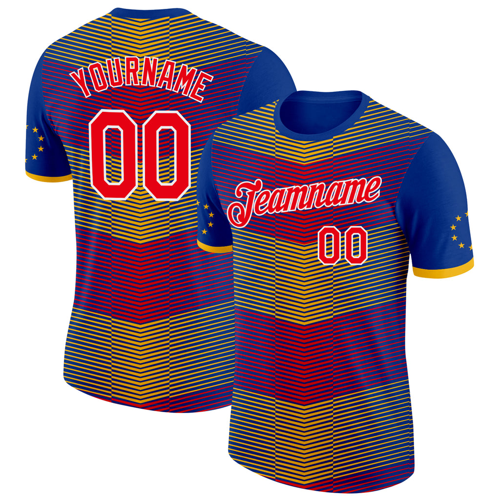 Custom Royal Fire Red Yellow-White Cape Verde Stripe Star Performance T-Shirt