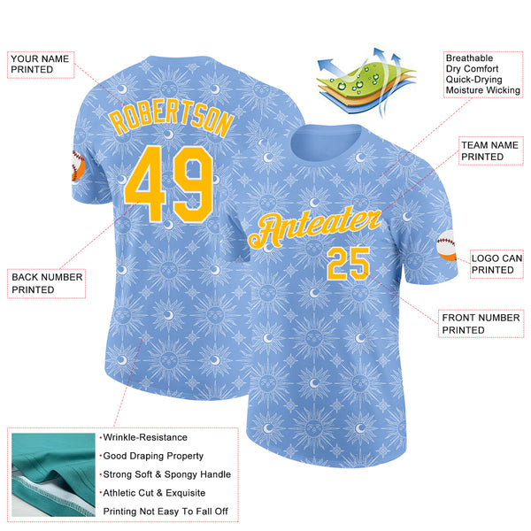 Custom Light Blue Gold-White Uruguay Sun Performance T-Shirt