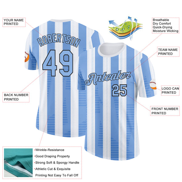 Custom White Light Blue-Black Uruguay Stripe Performance T-Shirt