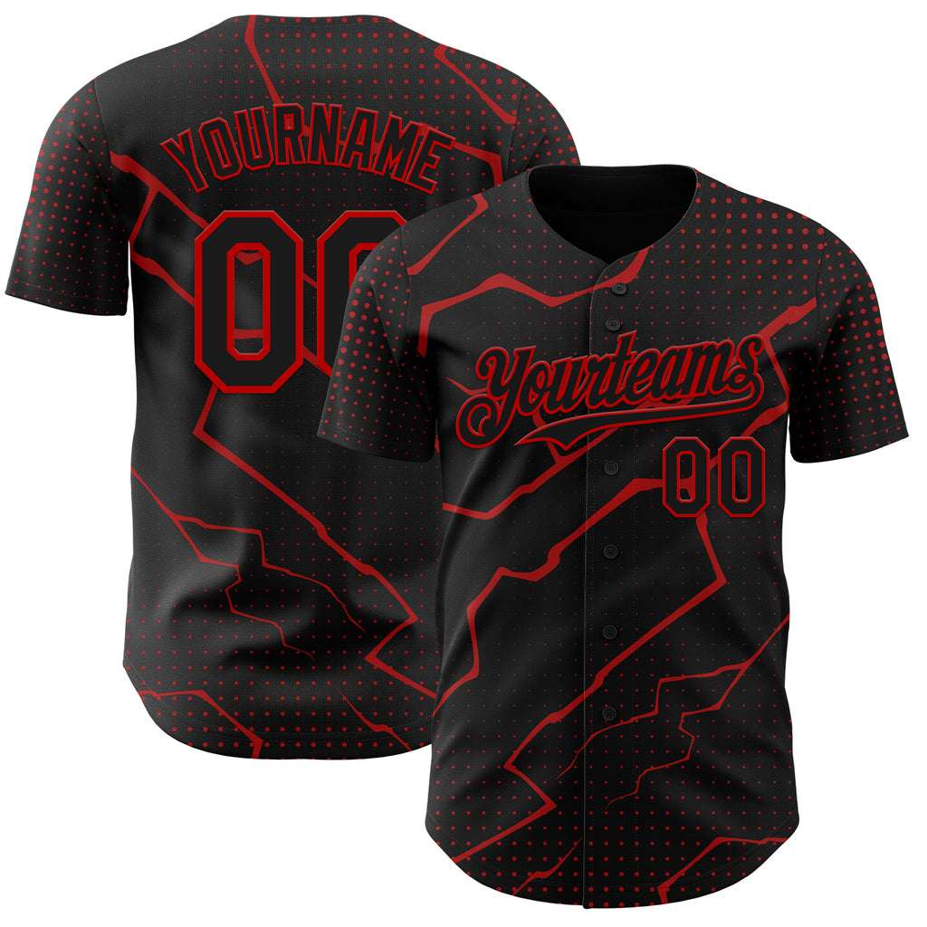 Custom Black Red 3D Pattern Design Lightning Polka Dot Authentic Baseball Jersey