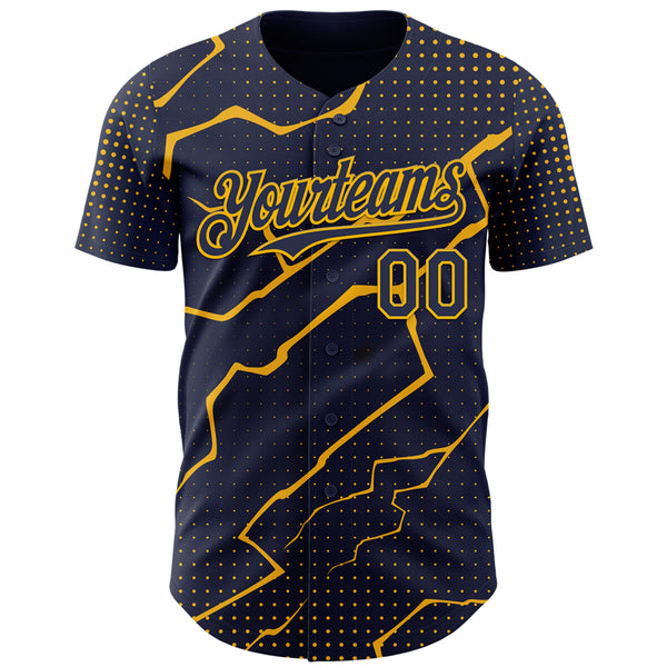 Custom Navy Gold 3D Pattern Design Lightning Polka Dot Authentic Baseball Jersey