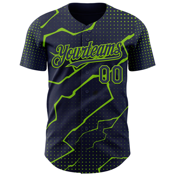 Custom Navy Neon Green 3D Pattern Design Lightning Polka Dot Authentic Baseball Jersey