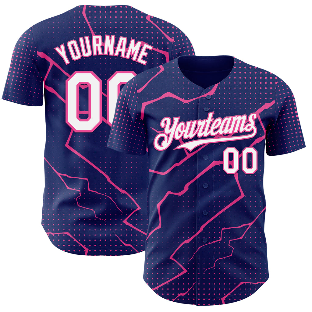 Custom Royal White-Pink 3D Pattern Design Lightning Polka Dot Authentic Baseball Jersey