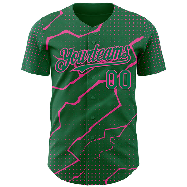 Custom Kelly Green Pink 3D Pattern Design Lightning Polka Dot Authentic Baseball Jersey