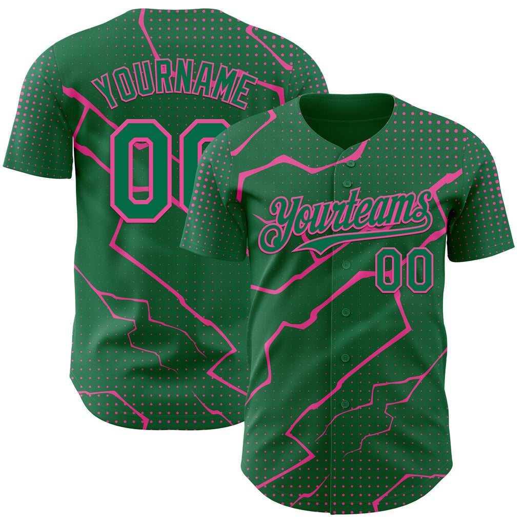 Custom Kelly Green Pink 3D Pattern Design Lightning Polka Dot Authentic Baseball Jersey