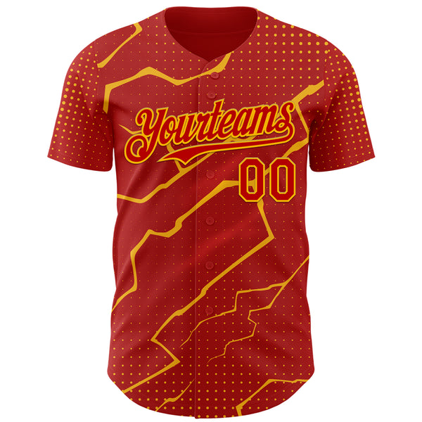 Custom Red Gold 3D Pattern Design Lightning Polka Dot Authentic Baseball Jersey