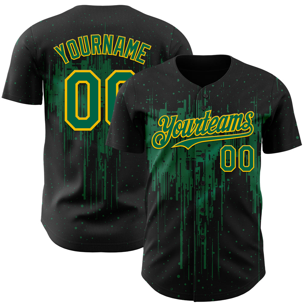 Custom Black Kelly Green-Yellow 3D Pattern Design Dripping Splatter Paint Authentic Baseball Jersey
