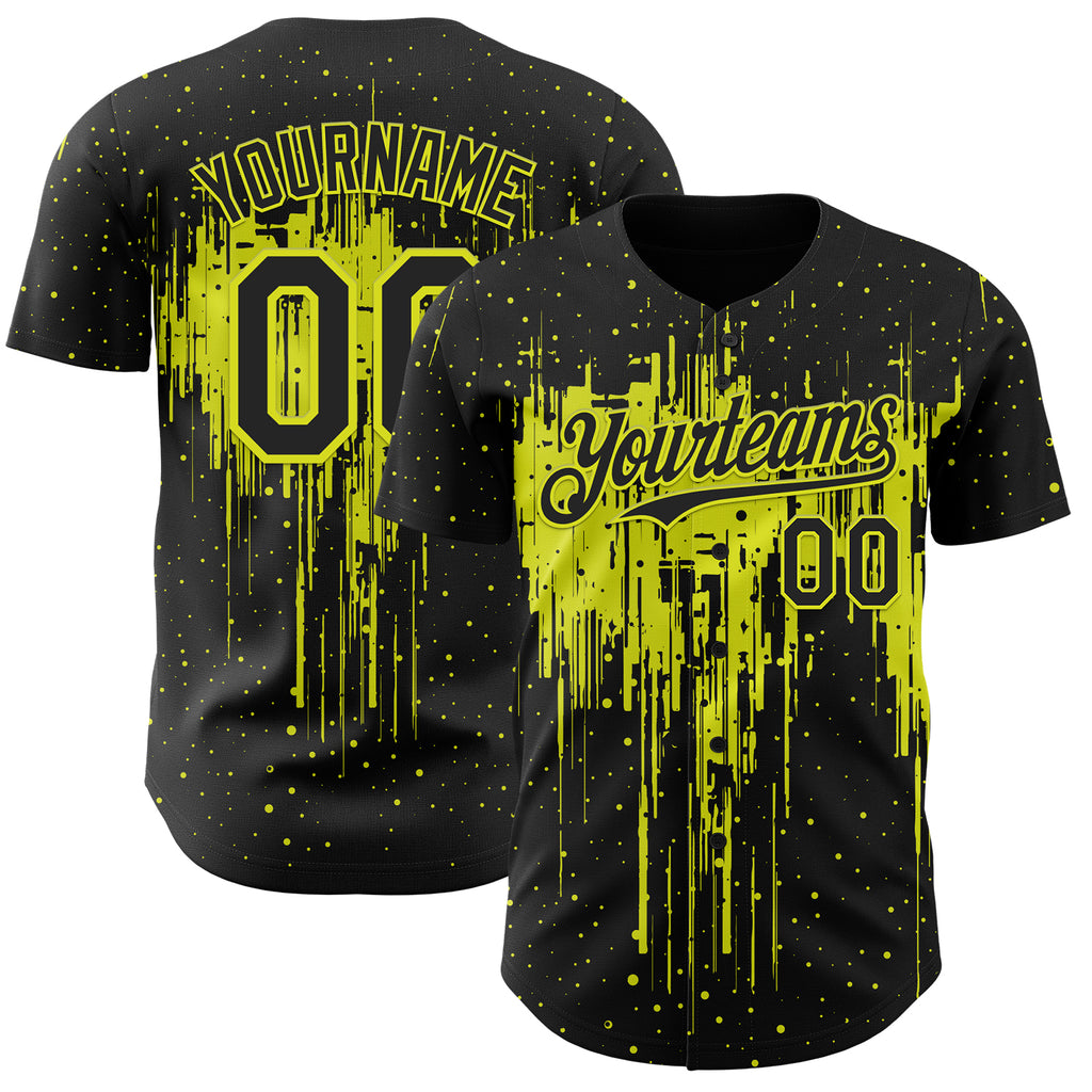 Custom Black Neon Yellow 3D Pattern Design Dripping Splatter Paint Authentic Baseball Jersey