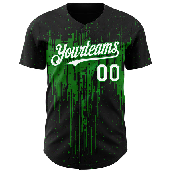 Custom Black White-Grass Green 3D Pattern Design Dripping Splatter Paint Authentic Baseball Jersey