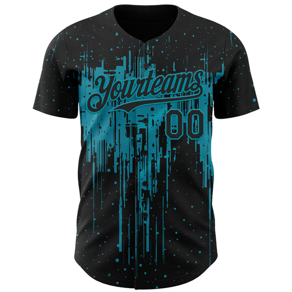 Custom Black Teal 3D Pattern Design Dripping Splatter Paint Authentic Baseball Jersey