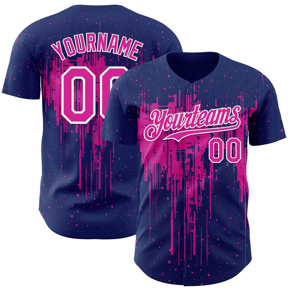 Custom Royal Deep Pink-White 3D Pattern Design Dripping Splatter Paint Authentic Baseball Jersey