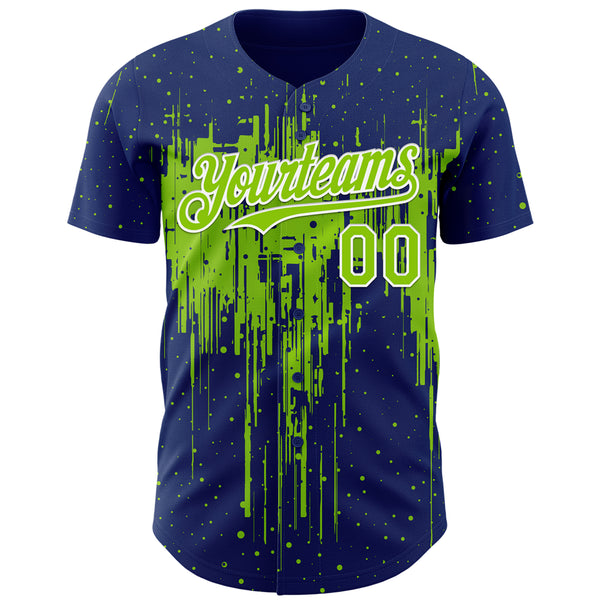Custom Royal Neon Green-White 3D Pattern Design Dripping Splatter Paint Authentic Baseball Jersey