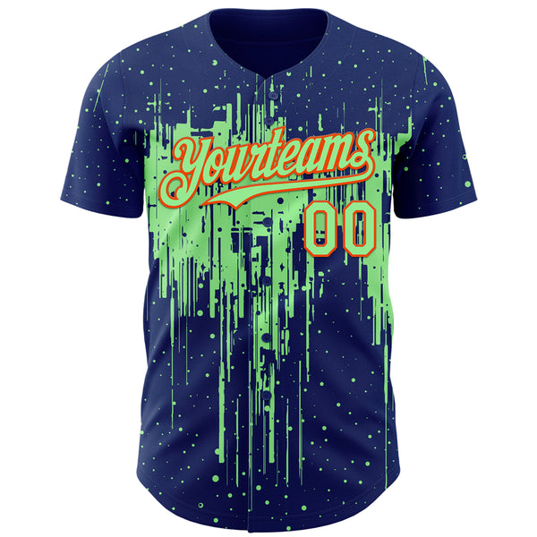 Custom Royal Pea Green-Orange 3D Pattern Design Dripping Splatter Paint Authentic Baseball Jersey