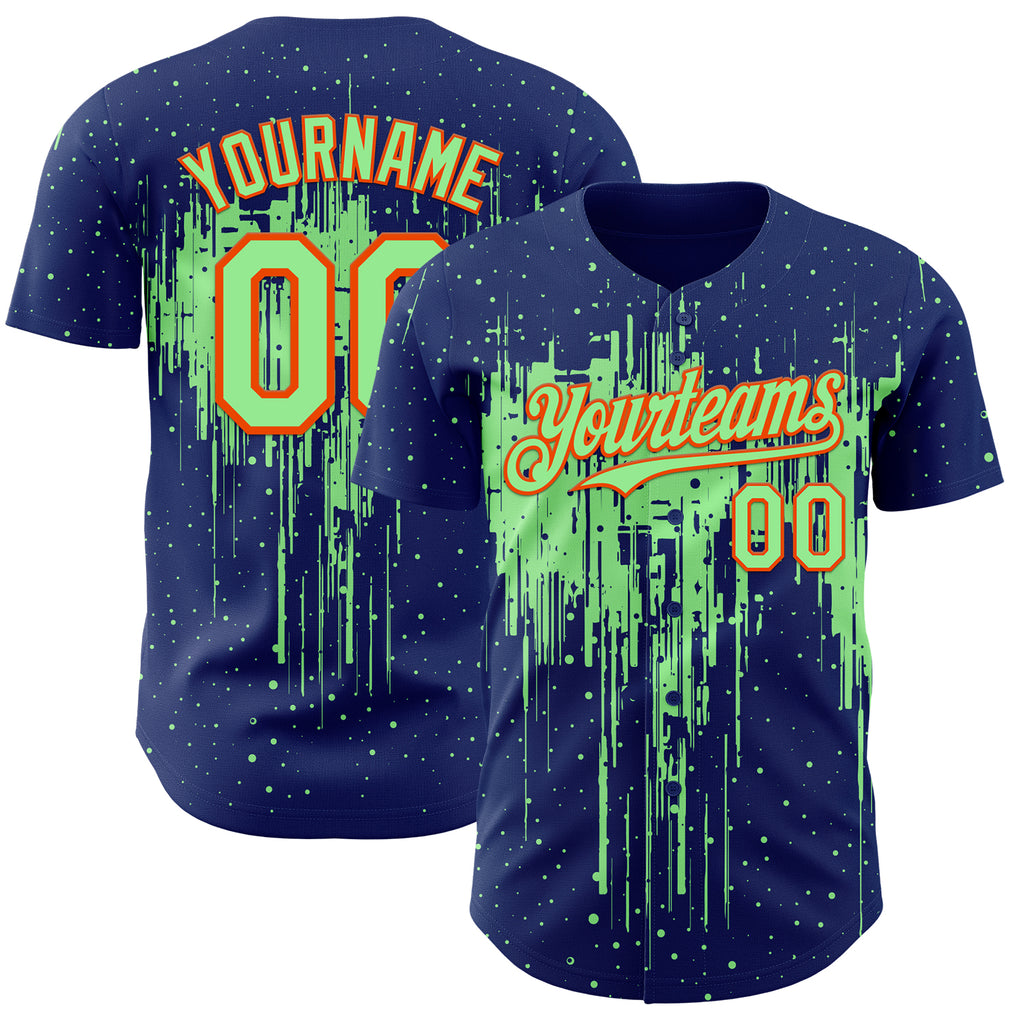 Custom Royal Pea Green-Orange 3D Pattern Design Dripping Splatter Paint Authentic Baseball Jersey