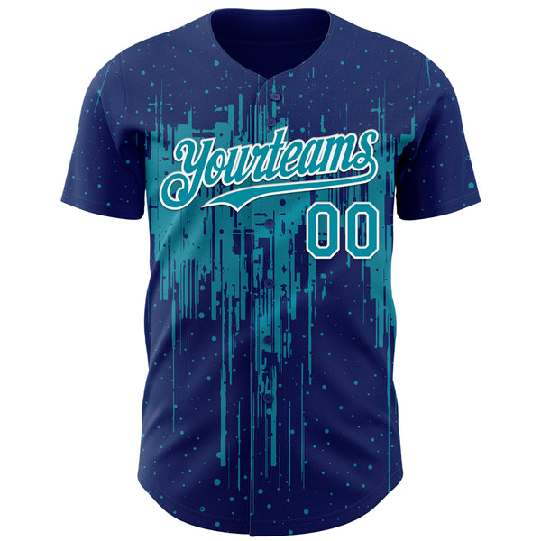 Custom Royal Teal-White 3D Pattern Design Dripping Splatter Paint Authentic Baseball Jersey