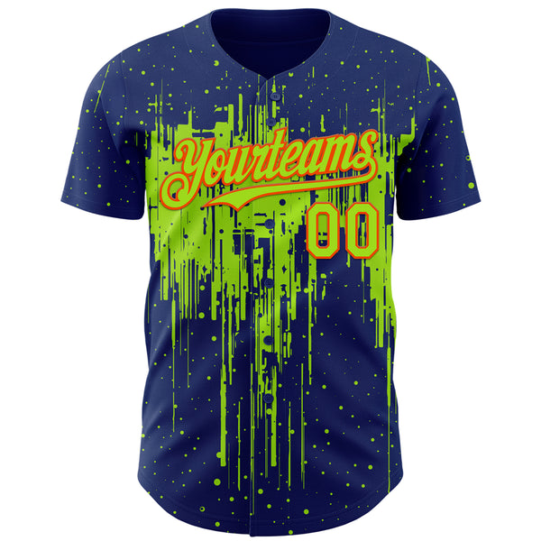 Custom Royal Neon Green-Orange 3D Pattern Design Dripping Splatter Paint Authentic Baseball Jersey