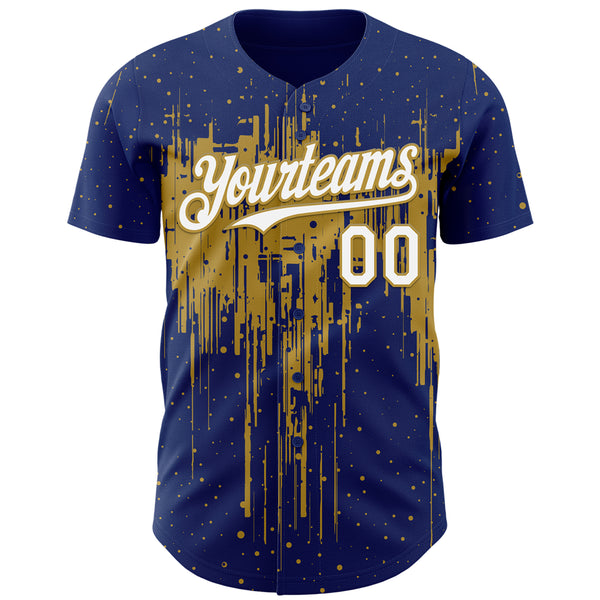 Custom Royal White-Old Gold 3D Pattern Design Dripping Splatter Paint Authentic Baseball Jersey