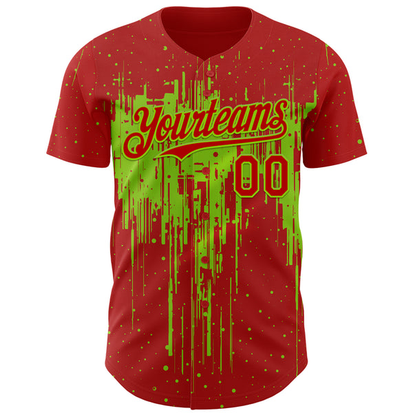 Custom Red Neon Green 3D Pattern Design Dripping Splatter Paint Authentic Baseball Jersey