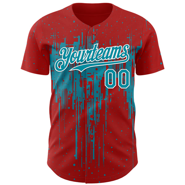 Custom Red Teal-White 3D Pattern Design Dripping Splatter Paint Authentic Baseball Jersey
