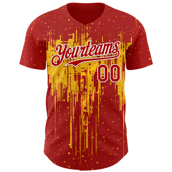Custom Red White-Yellow 3D Pattern Design Dripping Splatter Paint Authentic Baseball Jersey