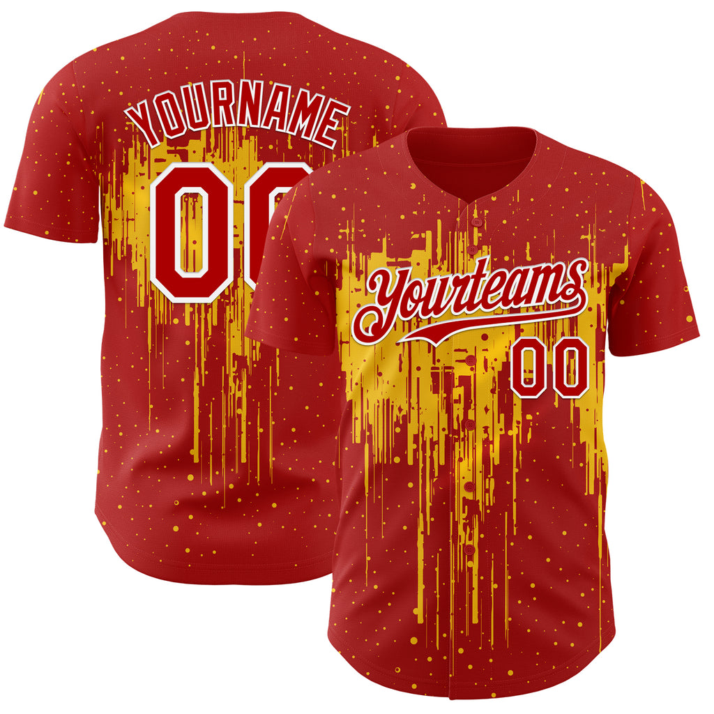 Custom Red White-Yellow 3D Pattern Design Dripping Splatter Paint Authentic Baseball Jersey