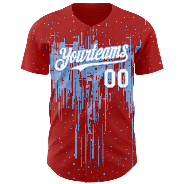 Custom Red White-Light Blue 3D Pattern Design Dripping Splatter Paint Authentic Baseball Jersey