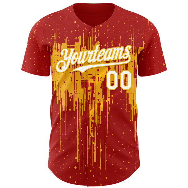 Custom Red White-Gold 3D Pattern Design Dripping Splatter Paint Authentic Baseball Jersey