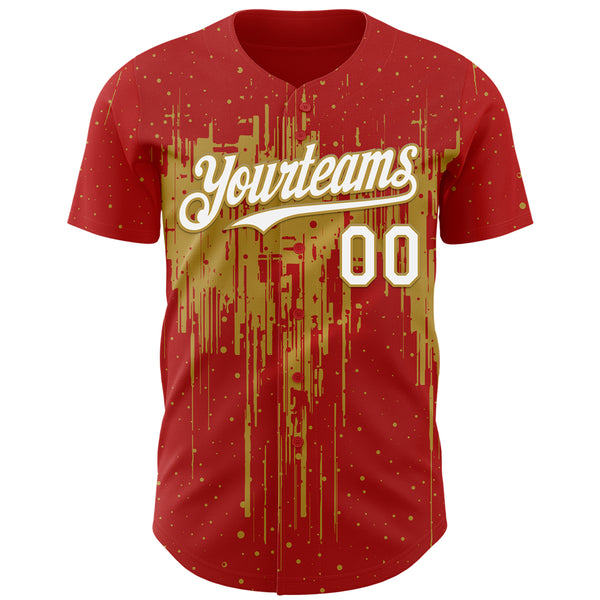 Custom Red White-Old Gold 3D Pattern Design Dripping Splatter Paint Authentic Baseball Jersey