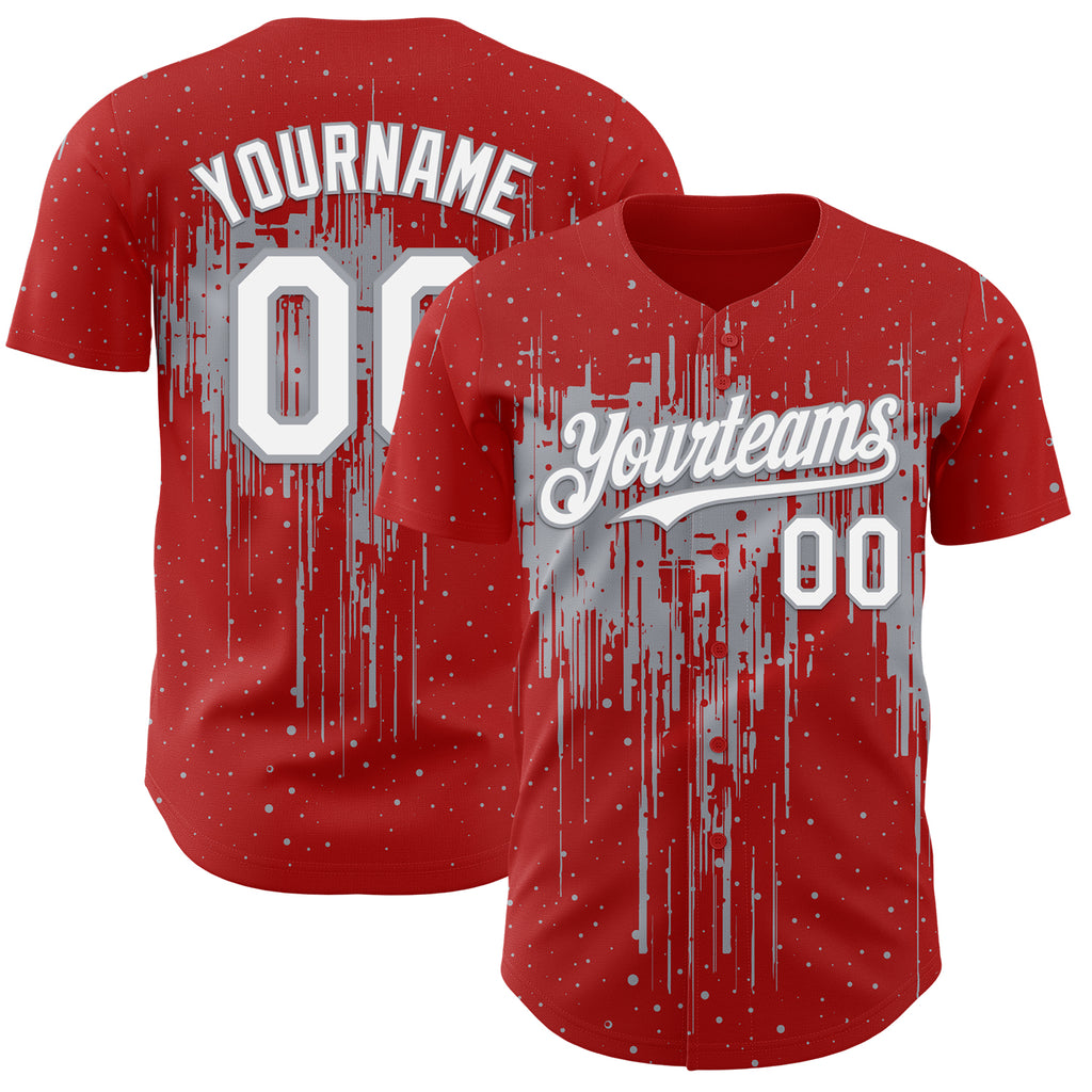 Custom Red White-Gray 3D Pattern Design Dripping Splatter Paint Authentic Baseball Jersey