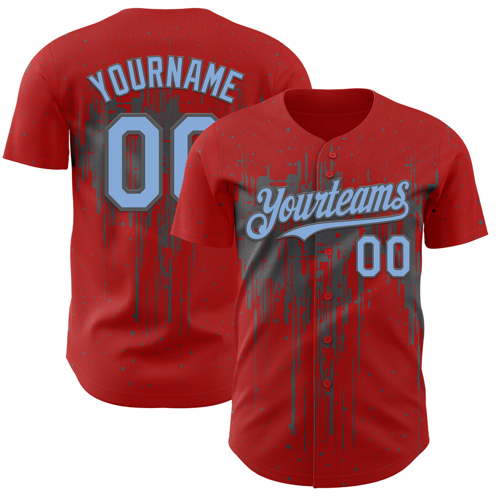 Custom Red Light Blue-Steel Gray 3D Pattern Design Dripping Splatter Paint Authentic Baseball Jersey