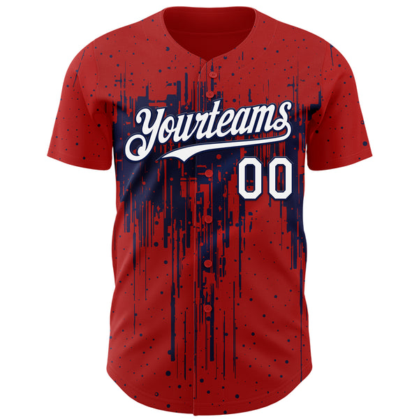 Custom Red White-Navy 3D Pattern Design Dripping Splatter Paint Authentic Baseball Jersey