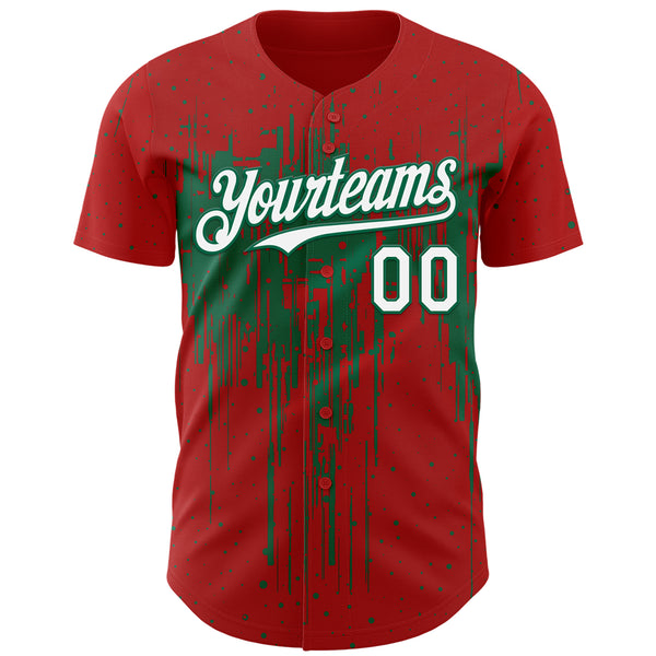 Custom Red White-Kelly Green 3D Pattern Design Dripping Splatter Paint Authentic Baseball Jersey
