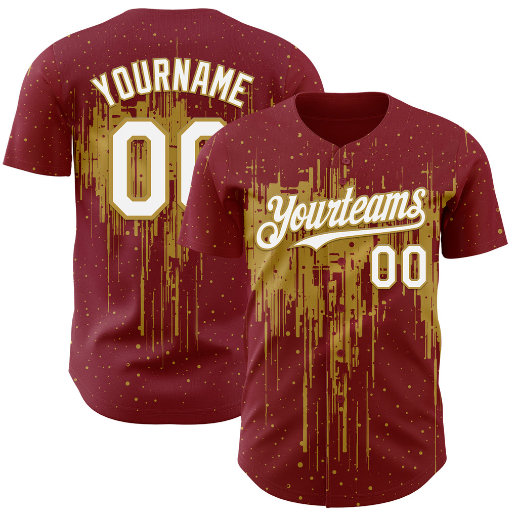 Custom Crimson White-Old Gold 3D Pattern Design Dripping Splatter Paint Authentic Baseball Jersey