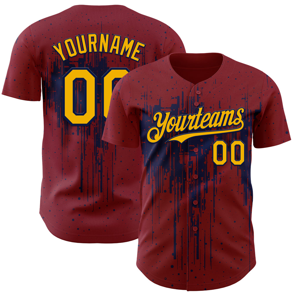 Custom Crimson Gold-Navy 3D Pattern Design Dripping Splatter Paint Authentic Baseball Jersey