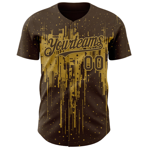 Custom Brown Old Gold 3D Pattern Design Dripping Splatter Paint Authentic Baseball Jersey