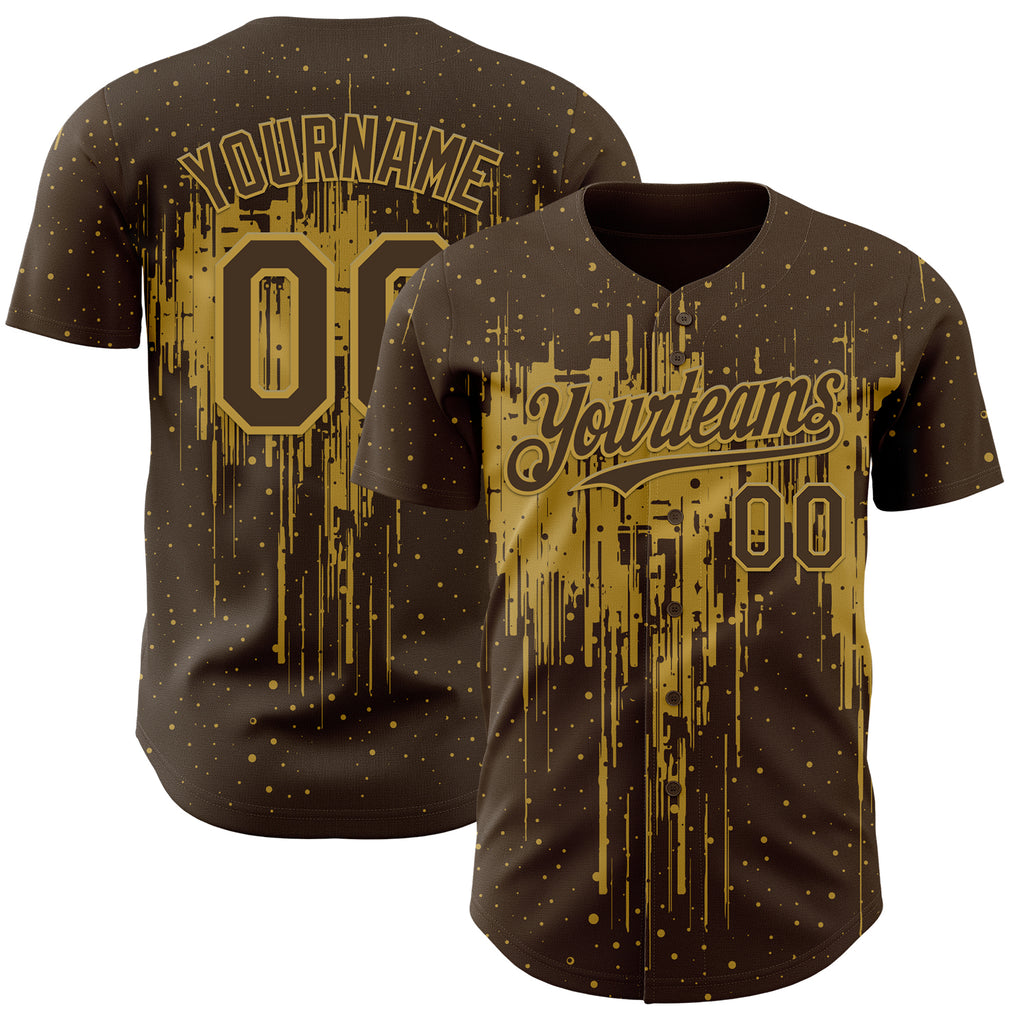 Custom Brown Old Gold 3D Pattern Design Dripping Splatter Paint Authentic Baseball Jersey