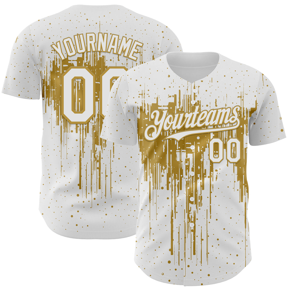 Custom White Old Gold 3D Pattern Design Dripping Splatter Paint Authentic Baseball Jersey
