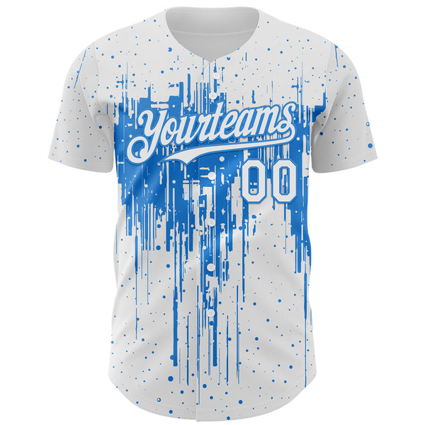 Custom White Powder Blue 3D Pattern Design Dripping Splatter Paint Authentic Baseball Jersey