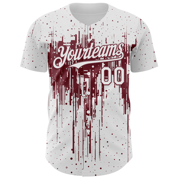 Custom White Burgundy 3D Pattern Design Dripping Splatter Paint Authentic Baseball Jersey