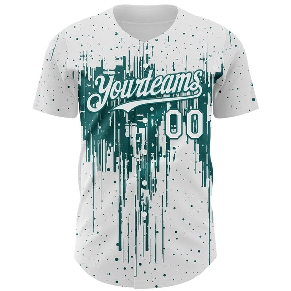 Custom White Teal 3D Pattern Design Dripping Splatter Paint Authentic Baseball Jersey