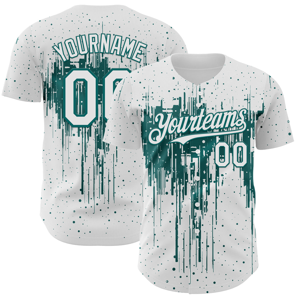 Custom White Teal 3D Pattern Design Dripping Splatter Paint Authentic Baseball Jersey