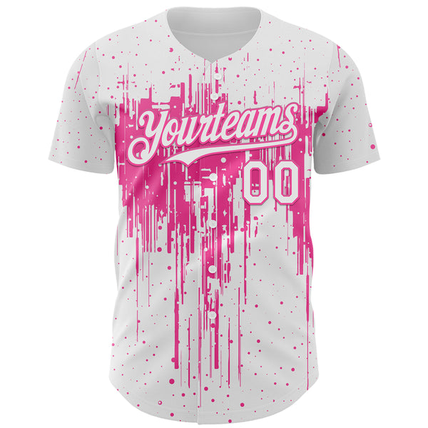 Custom White Pink 3D Pattern Design Dripping Splatter Paint Authentic Baseball Jersey