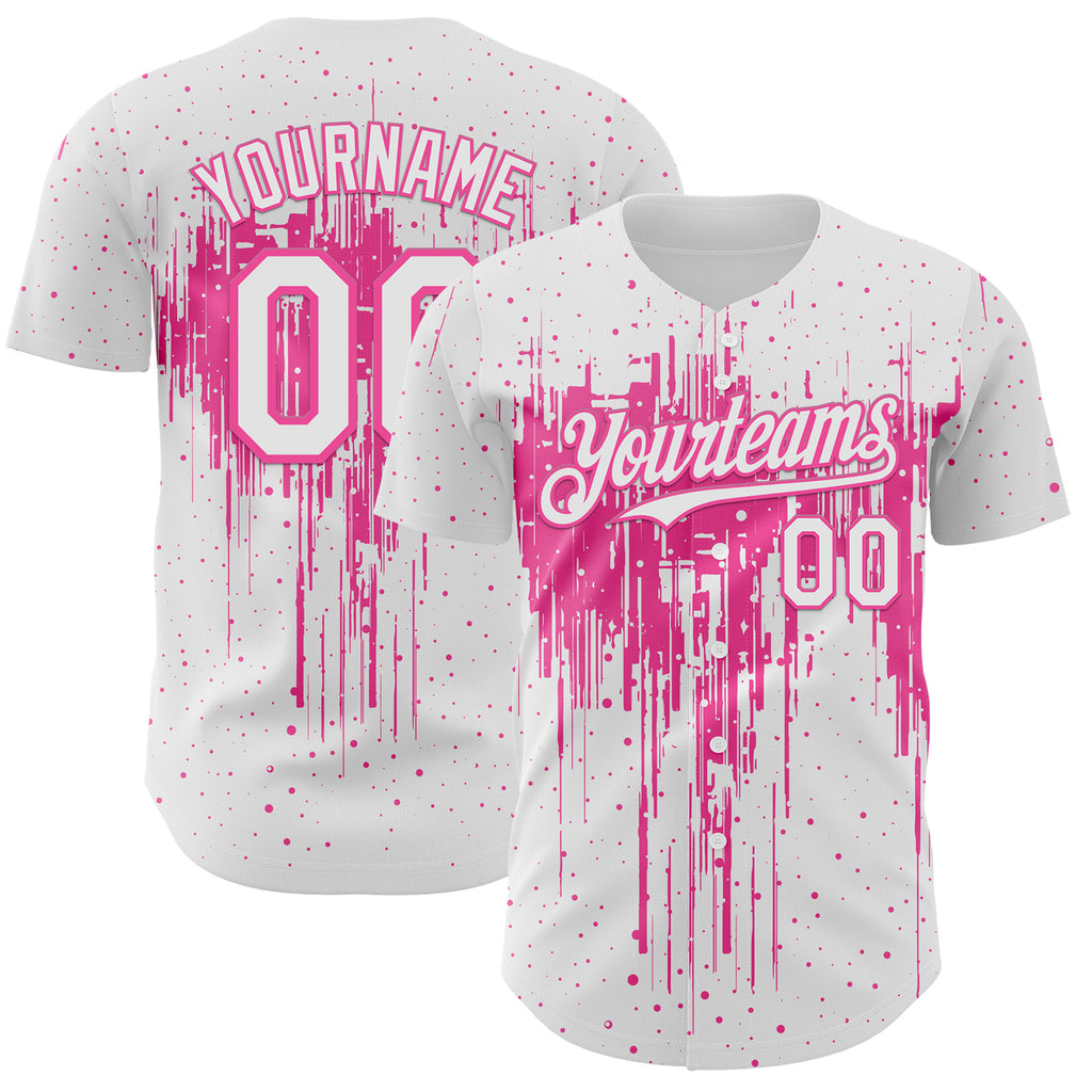 Custom White Pink 3D Pattern Design Dripping Splatter Paint Authentic Baseball Jersey
