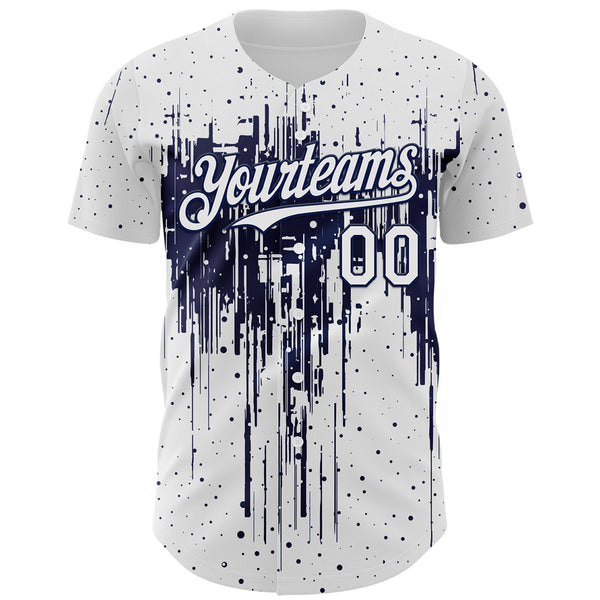 Custom White Navy 3D Pattern Design Dripping Splatter Paint Authentic Baseball Jersey