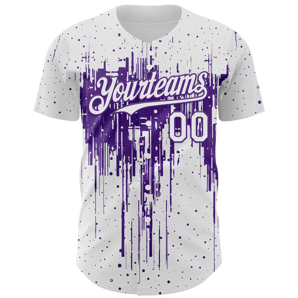 Custom White Purple 3D Pattern Design Dripping Splatter Paint Authentic Baseball Jersey