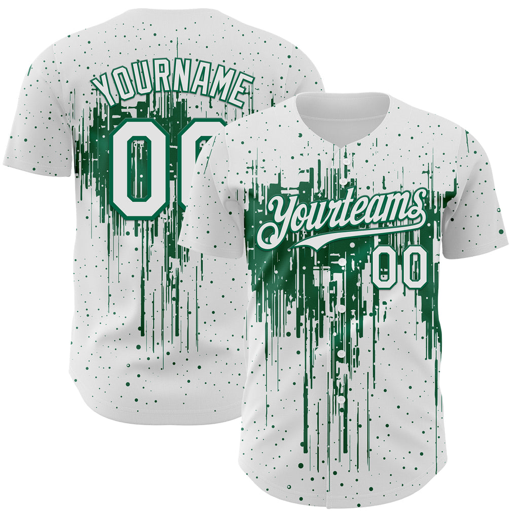 Custom White Kelly Green 3D Pattern Design Dripping Splatter Paint Authentic Baseball Jersey