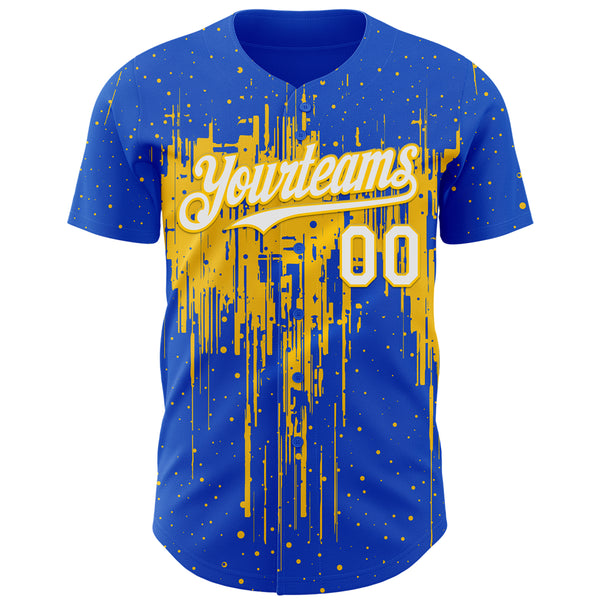 Custom Thunder Blue White-Yellow 3D Pattern Design Dripping Splatter Paint Authentic Baseball Jersey
