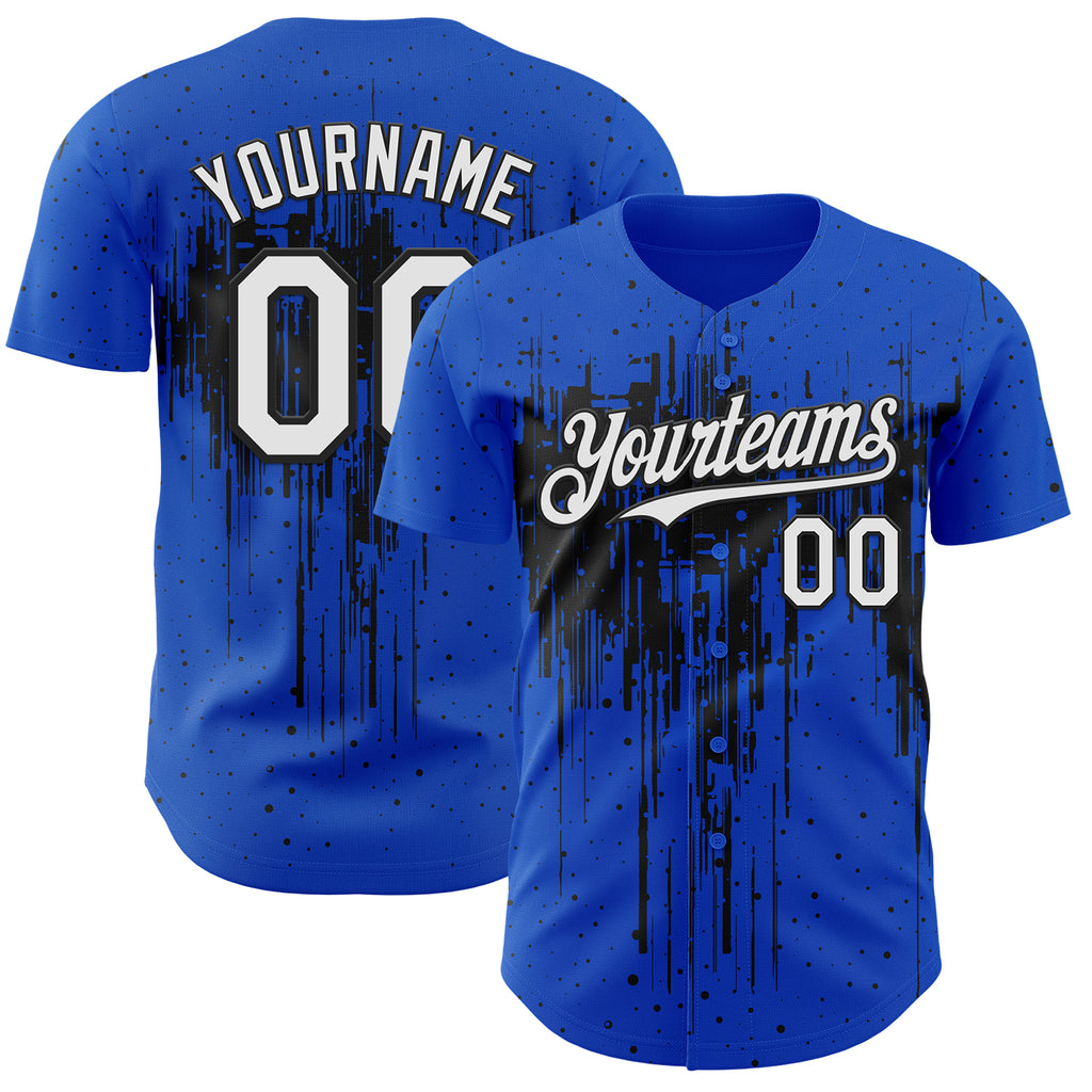 Custom Thunder Blue White-Black 3D Pattern Design Dripping Splatter Paint Authentic Baseball Jersey