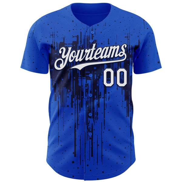 Custom Thunder Blue White-Navy 3D Pattern Design Dripping Splatter Paint Authentic Baseball Jersey
